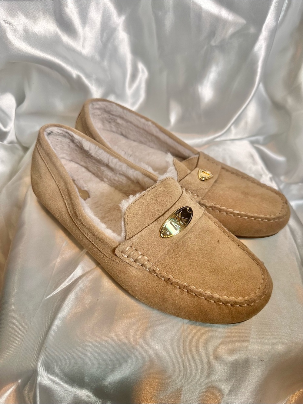 Michael Kors Tan Suede Shearling-Lined Slip-On Loafers